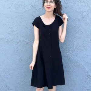 Eileen Fisher Swing Dress Black Closet Staple Stretch Knit Size small pockets